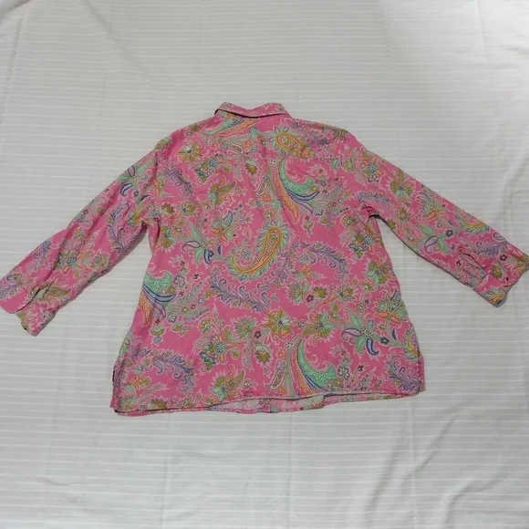 Lauren Ralph Lauren Paisley Cotton Button Down Shirt Women 1X Pink Preppy Blouse - Picture 3 of 7
